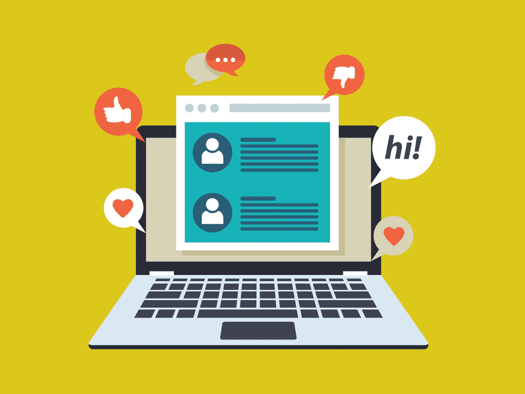 Graphic of a computer with chat boxes and social icons coming out of it
